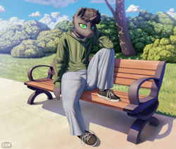 Size: 4386x3700 | Tagged: safe, artist:suhar, oc, oc only, oc:rich, changeling, anthro, plantigrade anthro, bench, bush, clothes, concrete, dappled sunlight, denim, eyebrows, eyebrows visible through hair, eyelashes, grass, grass field, green eyes, hoodie, horn, jeans, lace, looking at you, male, nature, outdoors, pants, park bench, shirt, shoes, sitting, sky, sneakers, solo, t-shirt, tree