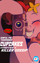 Size: 2470x3866 | Tagged: safe, artist:piesinful, pinkie pie, comic:unlucky day, fanfic:cupcakes, g4, camera, comic cover, cover, cover art, flower, flower in hair, grin, looking at you, parody, reference, smiling, smiling at you, taking a photo, the killing joke