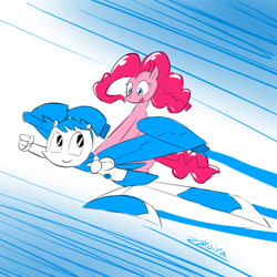 Size: 1024x1024 | Tagged: safe, artist:zokoira, pinkie pie, earth pony, gynoid, pony, robot, g4, crossover, duo, duo female, female, flying, jenny wakeman, my life as a teenage robot