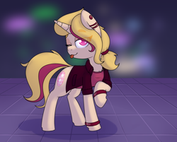 Size: 1280x1029 | Tagged: safe, artist:lockheart, oc, oc only, oc:melody bash, earth pony, pony, unicorn, bracelet, clothes, ear piercing, earth pony oc, female, gift art, horn, jacket, jewelry, looking at you, mare, one eye closed, piercing, raised hoof, shirt, smiling, solo, tail, tongue out, unicorn oc, wink, winking at you