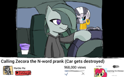 Size: 1920x1200 | Tagged: safe, artist:rigamortis_man, artist:tamers12345, edit, marble pie, strawberry sunrise, zecora, earth pony, pony, g4, car, car interior, chinese, clothes, female, hoodie, mare, meme, pony racism