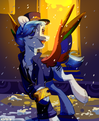 Size: 3700x4500 | Tagged: safe, artist:k0potb, pegasus, pony, machinist, outdoors, snow, snowfall, ticket, train, train station