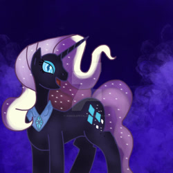 Size: 1024x1024 | Tagged: safe, artist:asinglepetal, nightmare rarity, rarity, pony, unicorn, g4, amethyst background, crystal background, darkened coat, deviantart watermark, diamond pupils, eyeshadow, female, horn, ipad, makeup, mare, nightmarified, obtrusive watermark, open mouth, peytral, procreate, procreate app, slit pupils, solo, starry hair, tumblr:a rarity of a nightmare, tumblr:ask nightmare rarity, watermark, white stripes