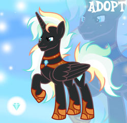 Size: 1280x1242 | Tagged: safe, artist:vi45, oc, oc only, alicorn, pony, adoptable, alicorn oc, base used, black coat, folded wings, frown, gradient background, hoof shoes, horn, jewelry, long horn, long mane male, long tail, male, male alicorn, male alicorn oc, male oc, multicolored mane, multicolored tail, peytral, princess shoes, raised hoof, regalia, solo, spiky mane, spiky tail, stallion, stallion oc, standing, standing on three hooves, tail, three quarter view, unicorn horn, wings, zoom layer