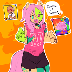 Size: 1920x1920 | Tagged: safe, artist:confusedsicko, fluttershy, human, undead, zombie, anthro, g4, choker, clothes, cute, female, looking at you, open mouth, shorts, speech bubble, torn clothes