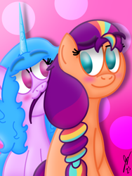 Size: 1620x2160 | Tagged: safe, artist:jesslmc16, izzy moonbow, sunny starscout, earth pony, pony, unicorn, g5, :3, blushing, duo, duo female, eating, female, gradient background, horn, lesbian, looking at each other, looking at someone, mane bite, mane stripe sunny, nom, ship:moonscout, shipping, sitting, smiling, smiling at each other