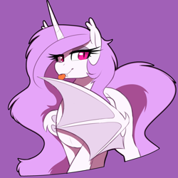 Size: 1000x1000 | Tagged: safe, artist:thebatfang, princess celestia, alicorn, bat pony, bat pony alicorn, pony, g4, :p, bat ponified, bat wings, batlestia, female, horn, mare, messy mane, pink-mane celestia, ponerpics import, race swap, silly, simple background, solo, tongue out