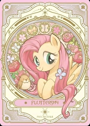 Size: 1284x1799 | Tagged: safe, fluttershy, bird, butterfly, pony, g4, official, bow, card, critters, cutie mark, flower, kayou, looking down, merchandise, plant, smiling, solo, stained glass, text