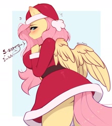 Size: 1500x1693 | Tagged: safe, artist:alphadesu, fluttershy, pegasus, anthro, g4, ass, big breasts, blushing, breasts, busty fluttershy, butt, christmas, christmas 2024, clothes, commando, emanata, embarrassed, female, flutterbutt, hat, holiday, passepartout, plewds, santa dress, santa hat, sideboob, skirt, solo, upskirt, wings