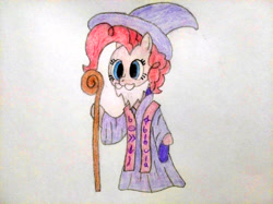 Size: 4032x3016 | Tagged: safe, artist:jakusi, pinkie pie, earth pony, pony, g4, /pnk/, beard, bipedal, cane, facial hair, female, hat, magic staff, mare, moustache, pinktober, solo, staff, toki pona, traditional art, wizard, wizard hat, wizard robe