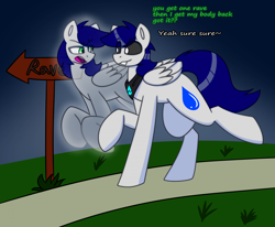 Size: 2116x1741 | Tagged: safe, artist:askhypnoswirl, oc, oc only, oc:waterpony, ghost, ghost pony, pegasus, undead, bandana, commission, dialogue, duo, duo male, male, outdoors, pegasus oc, road sign, spirit, walking