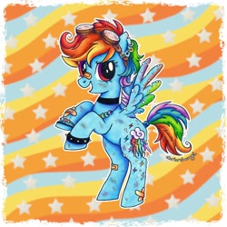 Size: 1460x1460 | Tagged: safe, artist:dariarchangel, part of a set, rainbow dash, pegasus, pony, g4, 3d cutie mark, :d, alternate cutie mark, alternate design, alternate hairstyle, band-aid, band-aid on nose, bandage, bandaged wing, base used, bipedal, blue coat, bracelet, choker, chokerdash, cute, dashabetes, ear piercing, earring, female, goggles, goggles on head, jewelry, mare, multicolored hair, multicolored mane, multicolored tail, necklace, open mouth, open smile, passepartout, patterned background, piercing, rainbow hair, rainbow tail, raised hoof, redesign, rose eyes, scuff mark, short hair, short hair rainbow dash, short mane, short tail, smiling, solo, spiked wristband, spread wings, standing, stars, tail, torn ear, torn wings, traditional art, wings, wristband