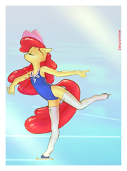 Size: 2672x3615 | Tagged: safe, artist:stratodraw, apple bloom, earth pony, anthro, unguligrade anthro, g4, blue leotard, bow, clothes, ears back, eyes closed, female, hair bow, ice skates, ice skating, leotard, passepartout, signature, skates, socks, standing, standing on one leg, tail, text, thigh highs, white socks, windswept mane, windswept tail