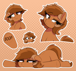 Size: 1500x1400 | Tagged: safe, artist:thebatfang, oc, oc only, oc:sign, pony, unicorn, abstract background, body writing, boop, cute, eyebrows, female, flop, freckles, gradient background, hooves together, horn, lying down, mare, ocbetes, prone, raised eyebrow, side eye, smiling, solo, sploot, thinking, underhoof