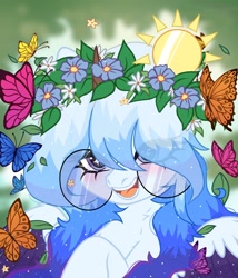 Size: 2406x2805 | Tagged: safe, artist:be_yourself, artist:cosmosloghy, oc, oc only, oc:altersmay earth, butterfly, pegasus, pony, blushing, chest fluff, colored wings, cute, eye clipping through hair, female, flower, flower in hair, garden, glasses, high res, leaf, looking at you, older, older altersmay earth, open mouth, open smile, outdoors, planet ponies, ponified, raised hoof, round glasses, smiling, solo, space ponies, starry eyes, wingding eyes, wings