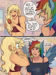 Size: 1620x2160 | Tagged: safe, artist:ssuminv, applejack, rainbow dash, human, undead, vampire, g4, 2 panel comic, bat ears, bat wings, breasts, brush, brushing, cleavage, comic, ears, eyebrows, eyebrows visible through hair, fangs, female, freckles, hairbrush, humanized, indoors, lesbian, lip piercing, midriff, muscles, muscular female, piercing, ship:appledash, shipping, sonic the hedgehog, sonic the hedgehog (series), speech bubble, wings