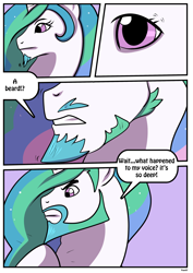 Size: 2480x3507 | Tagged: safe, artist:rex-equinox, princess celestia, alicorn, pony, g4, beard, comic, facial hair, female to male, high res, male, prince solaris, rule 63, solo, speech bubble, stallion, transformation, transgender transformation