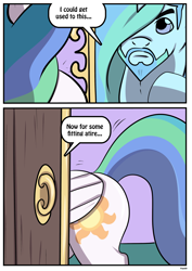 Size: 2480x3507 | Tagged: safe, artist:rex-equinox, princess celestia, alicorn, pony, g4, beard, comic, facial hair, female to male, high res, male, mirror, prince solaris, rule 63, solo, speech bubble, stallion, transformation, transgender transformation