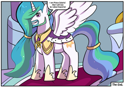 Size: 3507x2480 | Tagged: safe, artist:rex-equinox, princess celestia, alicorn, pony, g4, beard, comic, facial hair, female to male, hairband, high res, jewelry, male, mantle, prince solaris, regalia, rule 63, solo, speech bubble, spread wings, stallion, tail, tail band, transformation, transgender transformation, wings