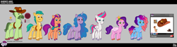 Size: 5501x1466 | Tagged: safe, hitch trailblazer, izzy moonbow, misty brightdawn, pipp petals, sheriff hike, sunny starscout, zipp storm, earth pony, pony, g5, habitat of a lifetime, my little pony: tell your tale, spoiler:tyts02e30, ancestor, bracelet, braid, braided ponytail, concept art, facial hair, female, freckles, friendship bracelet, hat, headband, hoof heart, jewelry, male, mane stripe sunny, mare, moustache, ponytail, rebirth misty, reference sheet, sash, sheriff's badge, stallion, underhoof