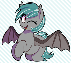 Size: 1466x1306 | Tagged: safe, artist:thebatfang, oc, oc only, oc:malachite cluster, bat pony, pony, bat pony oc, bat wings, belly, belly button, cute, fangs, femboy, male, one eye closed, open mouth, open smile, smiling, solo, spread wings, stallion, striped background, wings, wink