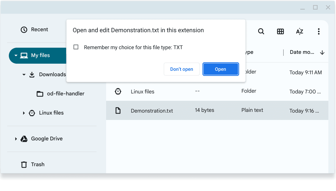 ChromeOS-এ এক্সটেনশন ডায়ালগ সহ খোলা ফাইলের স্ক্রিনশট