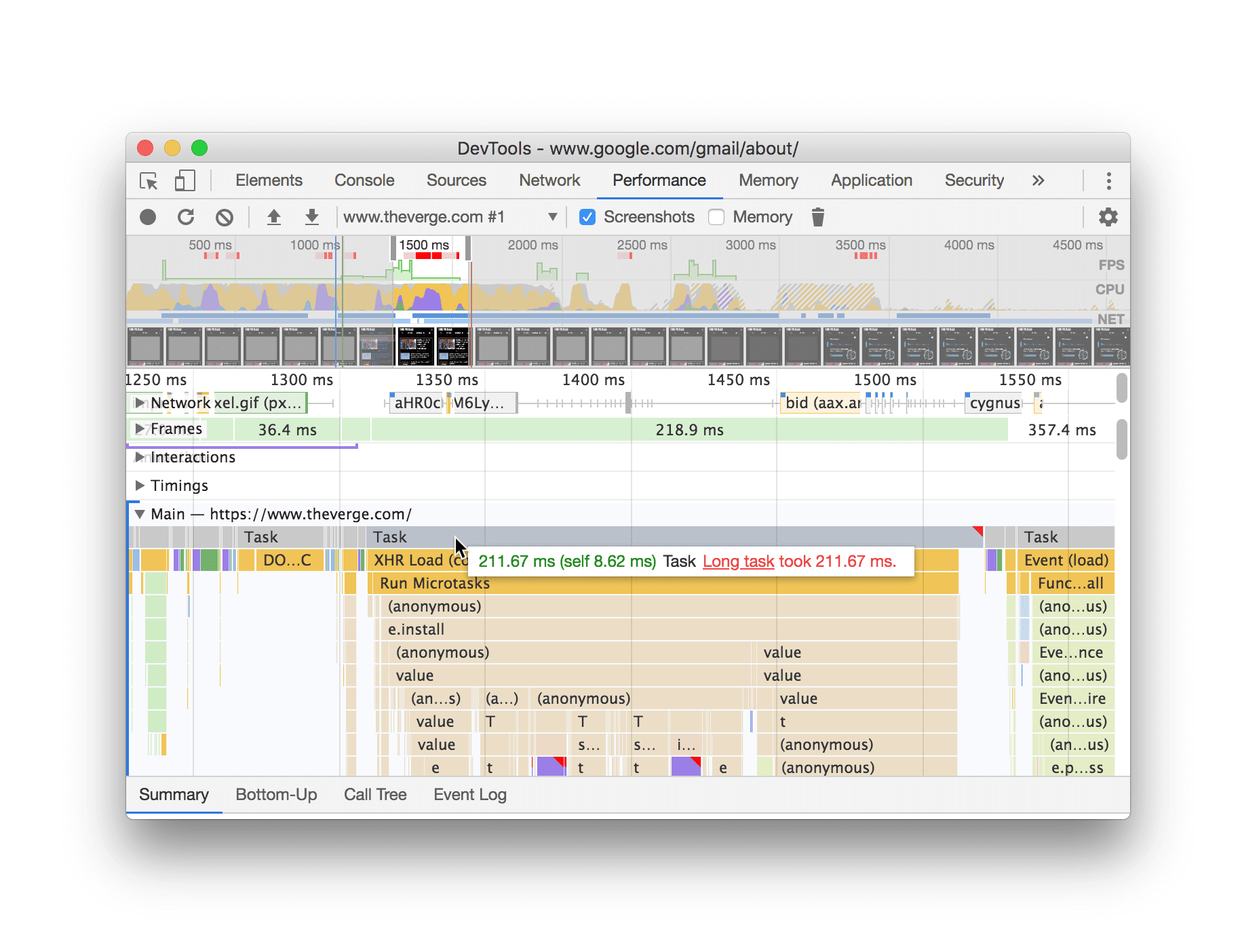 Pointer sur une longue tâche dans un enregistrement des performances