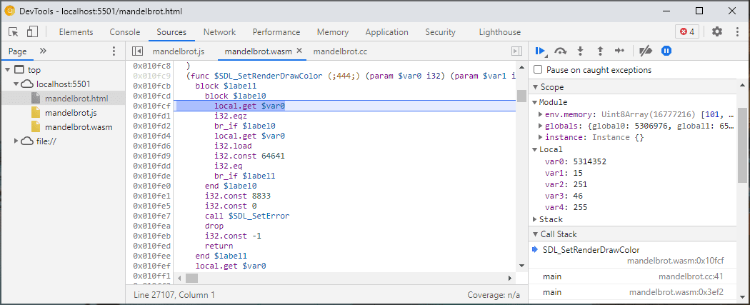 Entwicklertools, die die Auseinanderbauansicht von „mandelbrot.wasm“ zeigen