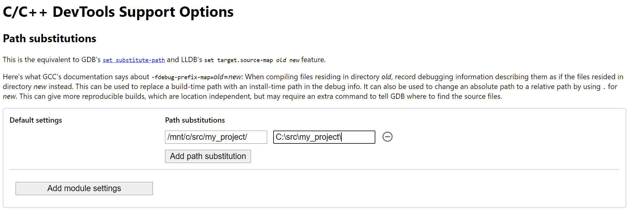 Seite „Optionen“ der C/C  -Debugging-Erweiterung