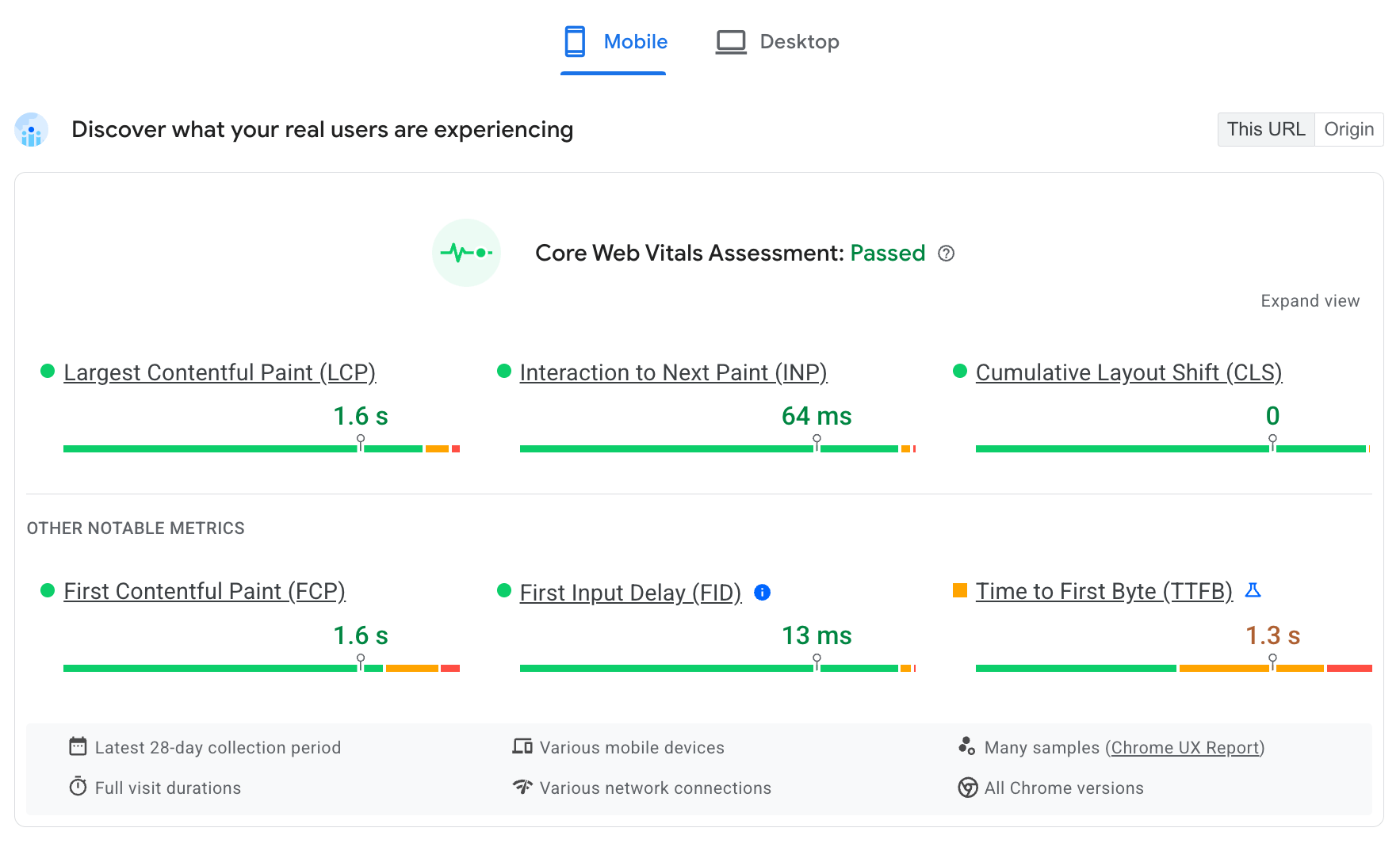 ข้อมูลฟิลด์จาก CrUX ใน PageSpeed Insights