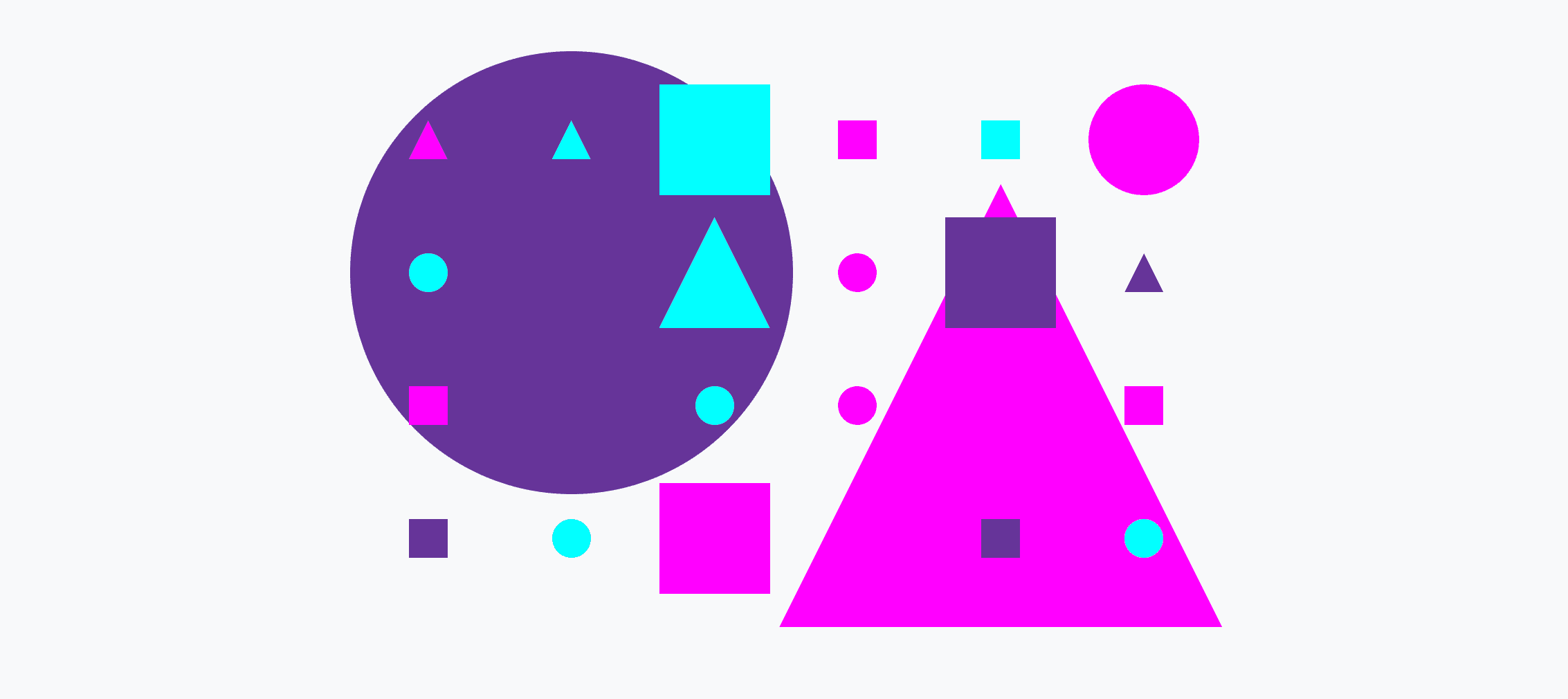 Grid berwarna-warni dari lingkaran kecil dan besar, segitiga, dan persegi.