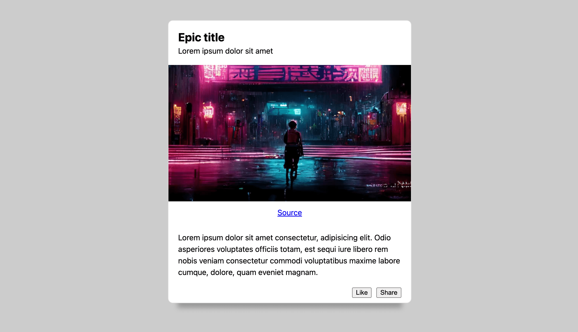 Eine helle Karte auf grauem Hintergrund. Die Karte hat einen Titel und Text,
  ein paar Aktionsschaltflächen und ein Bild im Cyber-Punk-Stil.