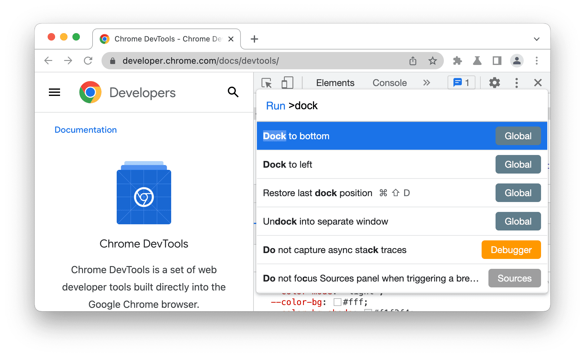 Option d&#39;ancrage suggérée dans le menu de commandes.