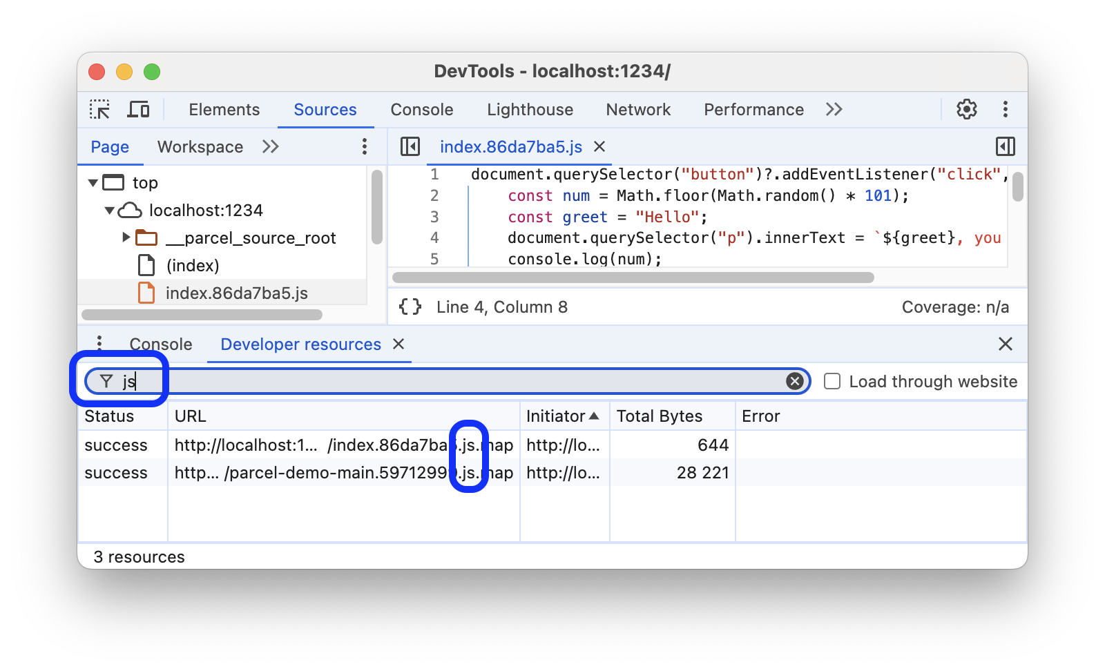 &quot;js&quot; içermeyen kaynak haritalarını filtreleme URL&#39;sinde.