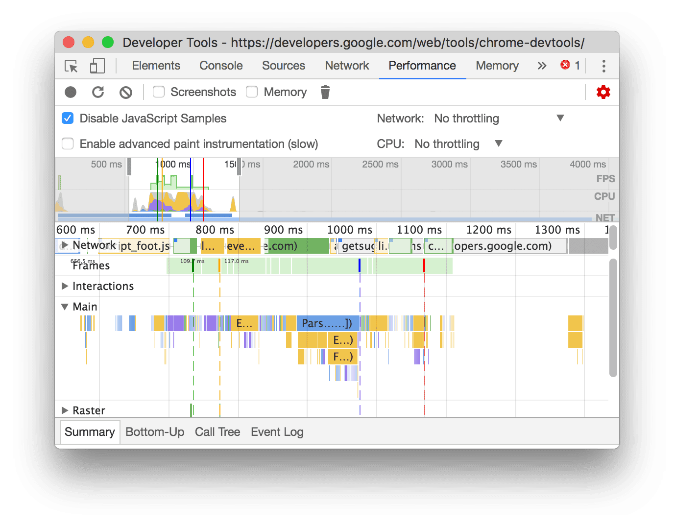 JS サンプルが無効になっている場合の記録の例。