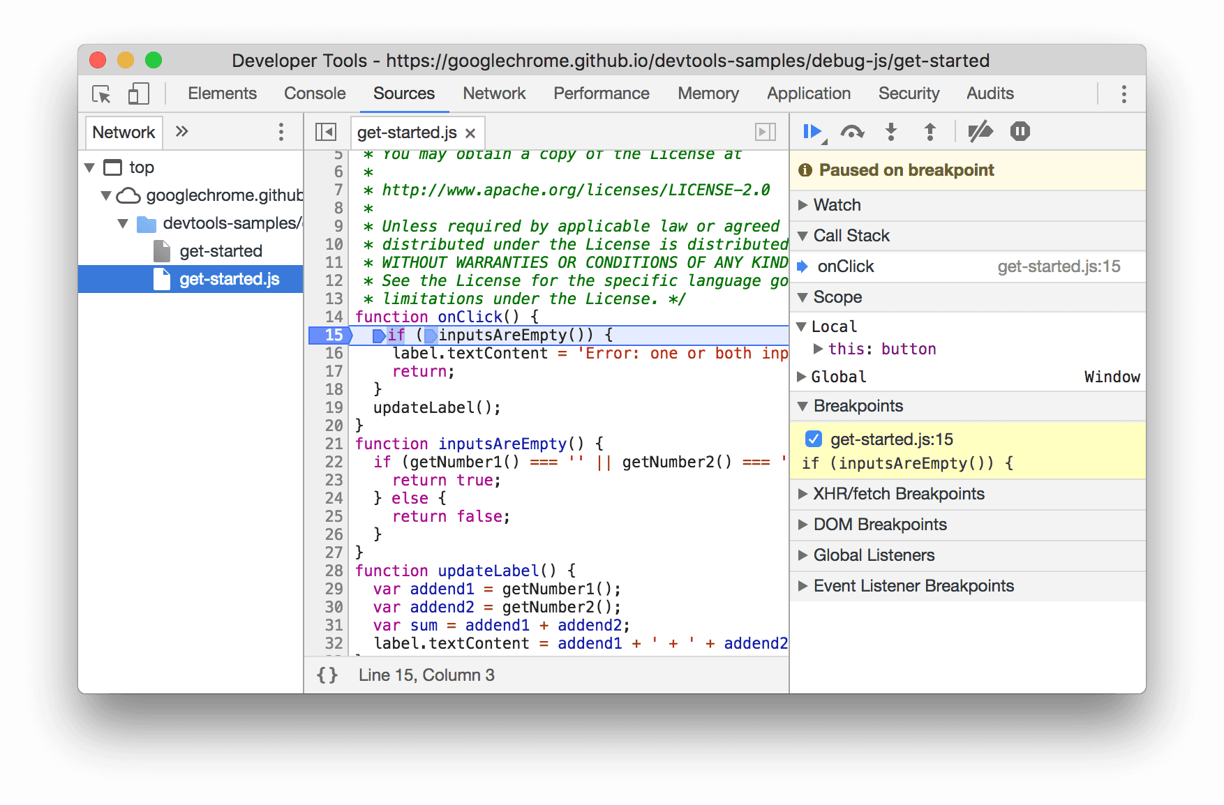 Pausing at a breakpoint.