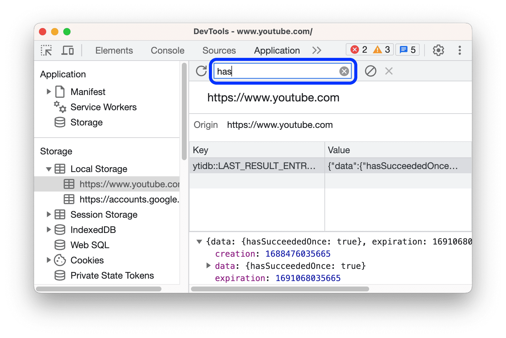 Filtering out key-value pairs that don't contain the string 'has'.