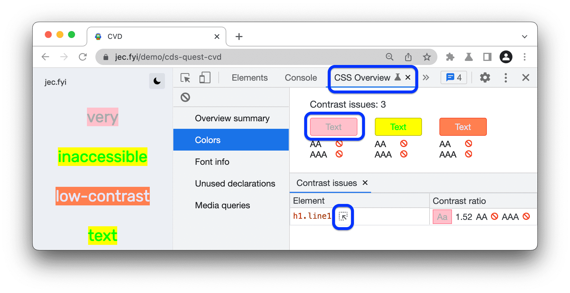 CSS&#39;ye genel bakış sayfasındaki kontrast sorunlarının listesi.