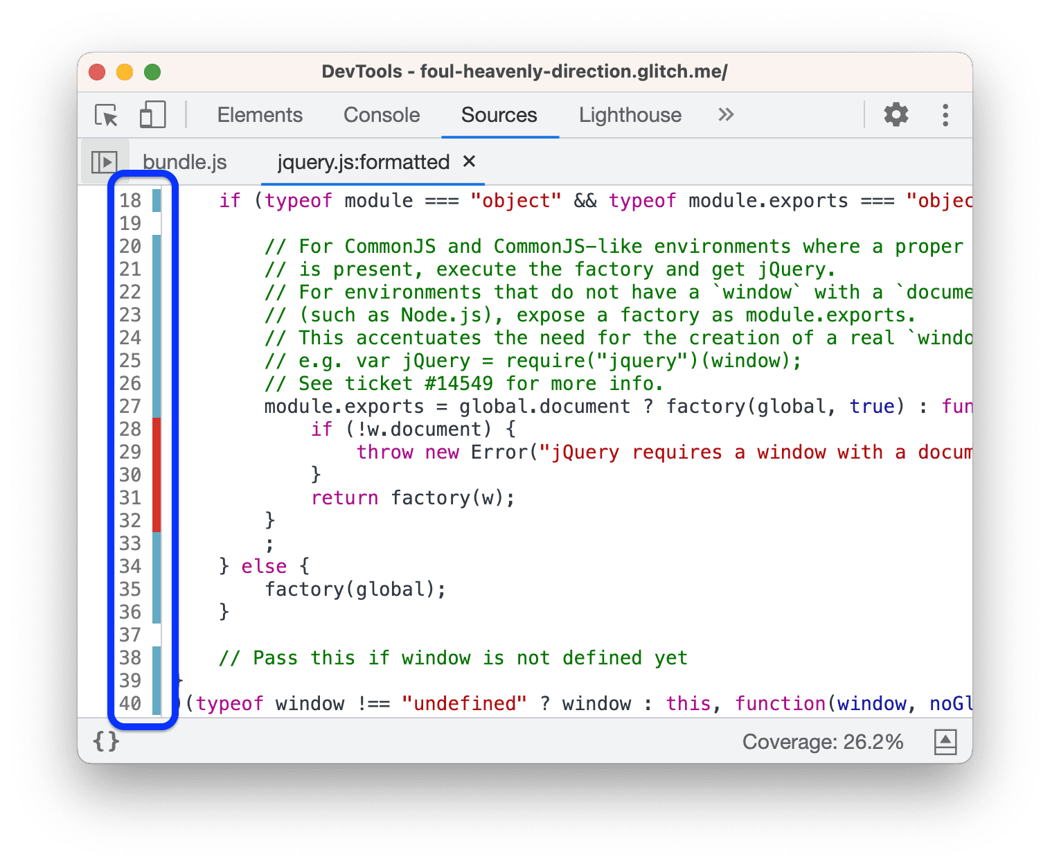 عرض ملف jQuery في لوحة &quot;المصادر&quot; (Sources).