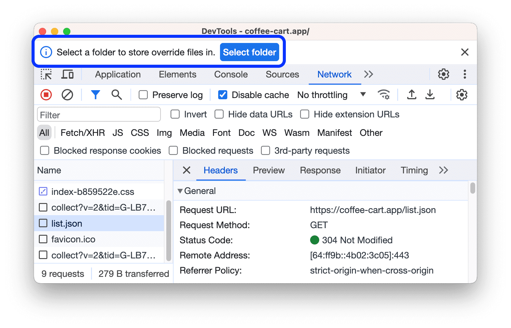 Les outils de développement vous invitent à sélectionner un dossier.