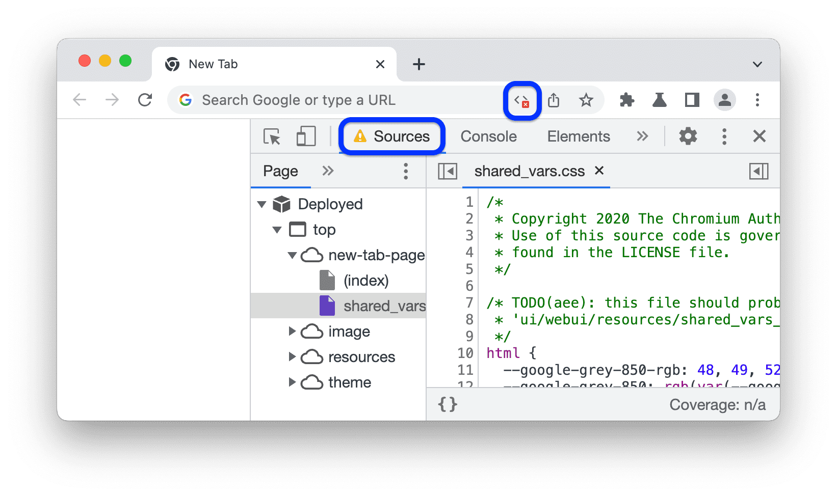 Ikon di kolom URL dan ikon peringatan di samping Sources di DevTools.