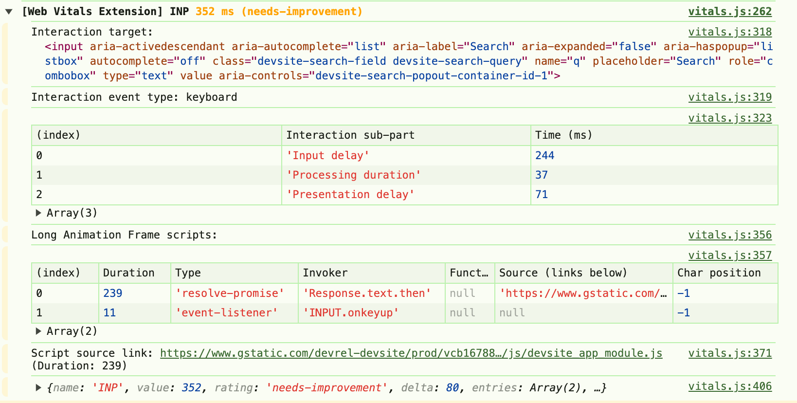 Journalisation de la console de l&#39;extension Web Vitals.