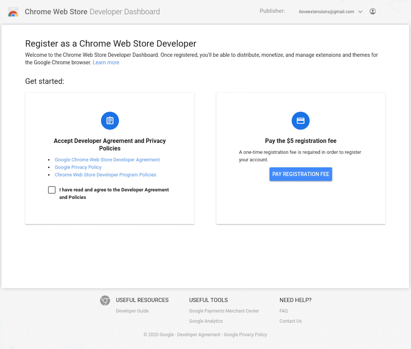 Screenshot der Registrierungsseite für Chrome Web Store-Entwickler