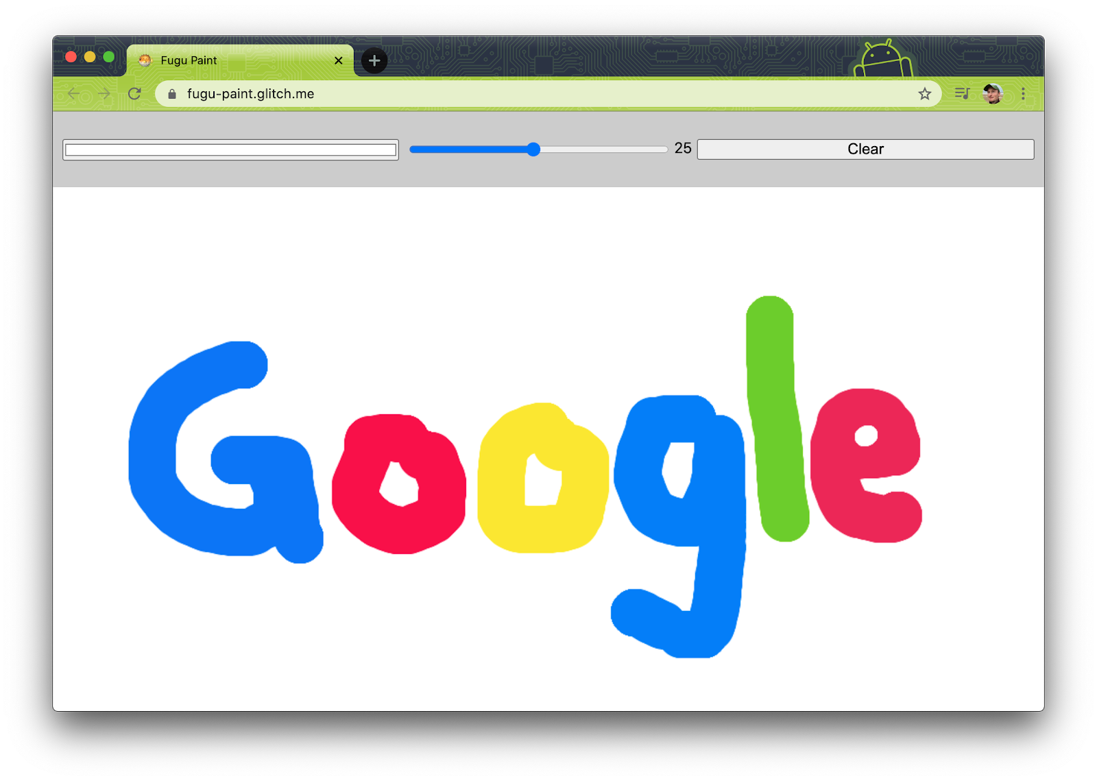 Базовое PWA-приложение Fugu Greetings с большим холстом со словом &ldquo;Google&rdquo; рисовал на нем.