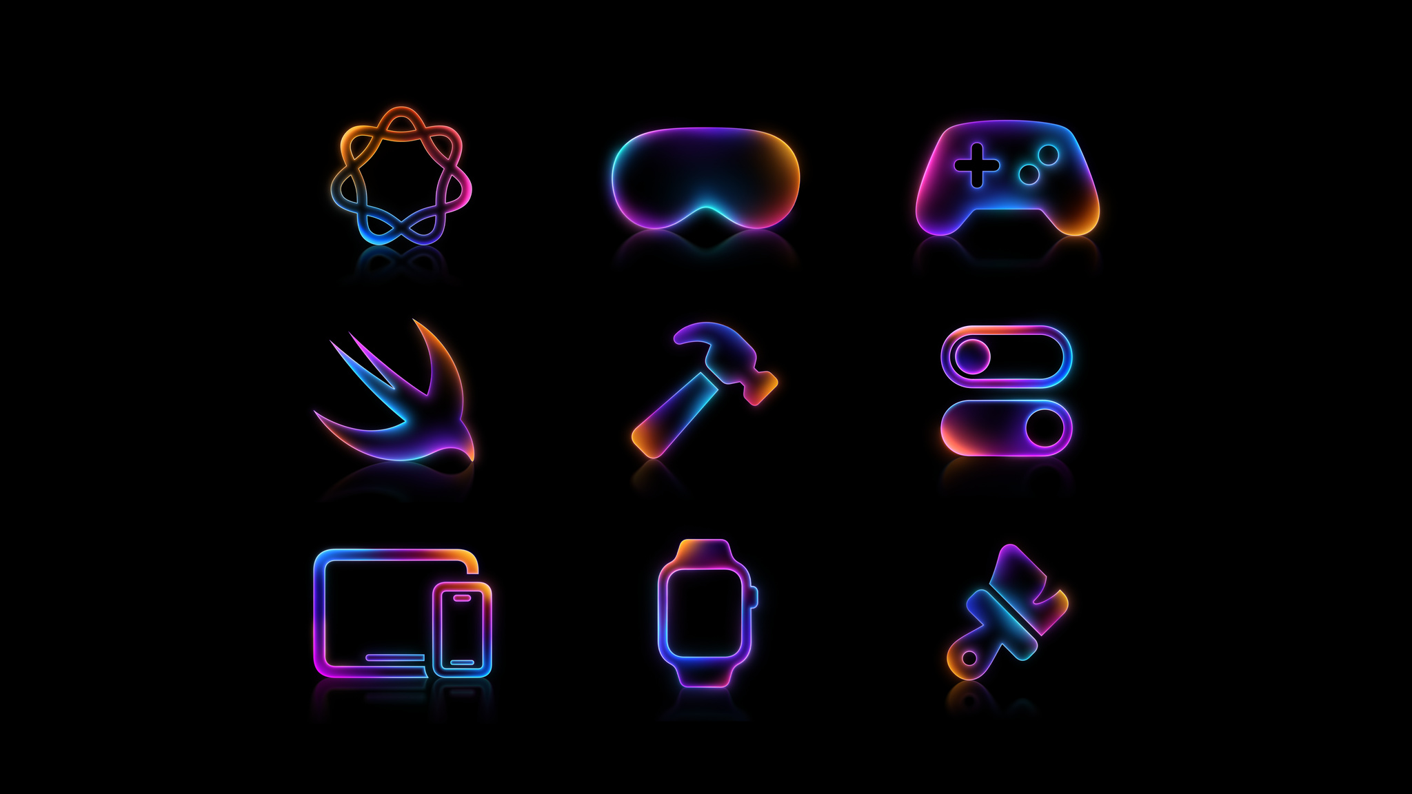 A series of nine icons with glowing blue, orange, and purple edges set against a black background.