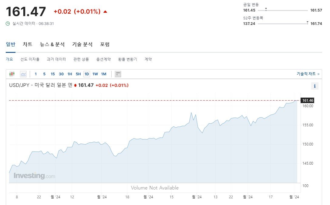 2024년 1월부터 최근까지의 달러-엔 환율 추이. 연초 달러당 140.88엔이었던 환율이 161엔을 넘어섰다. 엔화가치가 뚝뚝 떨어지고 있다. 인베스팅 닷컴