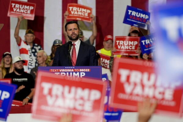 Republican vice presidential candidate Sen. JD Vance, R-Ohio, speaks at a campaign rally at Radford University, Monday, July 22, 2024, in Radford, Va. (AP Photo/Julia Nikhinson)