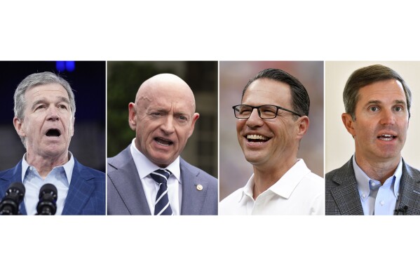 This composite left to right, shows North Carolina Gov. Roy Cooper, June 28, 2024, in Raleigh, N.C., Sen. Mark Kelly, D-Ariz., June 4, 2024, in Washington, Pennsylvania Gov. Josh Shapiro, July 20, 2024, in Pittsburgh, and Kentucky Gov. Andy Beshear in Frankfort, Ky., July 22, 2024. (AP Photo)