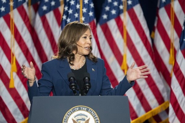 Vice President Kamala Harris campaigns for President as the presumptive Democratic candidate during an event at West Allis Central High School on Tuesday, July 23, 2024, in West Allis, Wis. (AP Photo/Kayla Wolf)