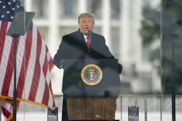 FILE - President Donald Trump speaks during a rally protesting the electoral college certification of Joe Biden as President in Washington, Jan. 6, 2021. Liberal groups are trying to end Donald Trump's attempt to return to the White House by arguing that he is no longer eligible to be president after trying to overturn the 2020 election results. (AP Photo/Evan Vucci, File)